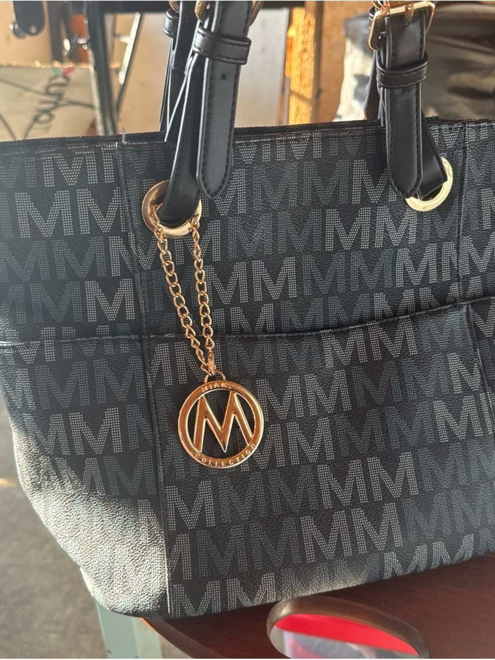 Michael Kors Black MK Logo Tote with Gold MK Charm